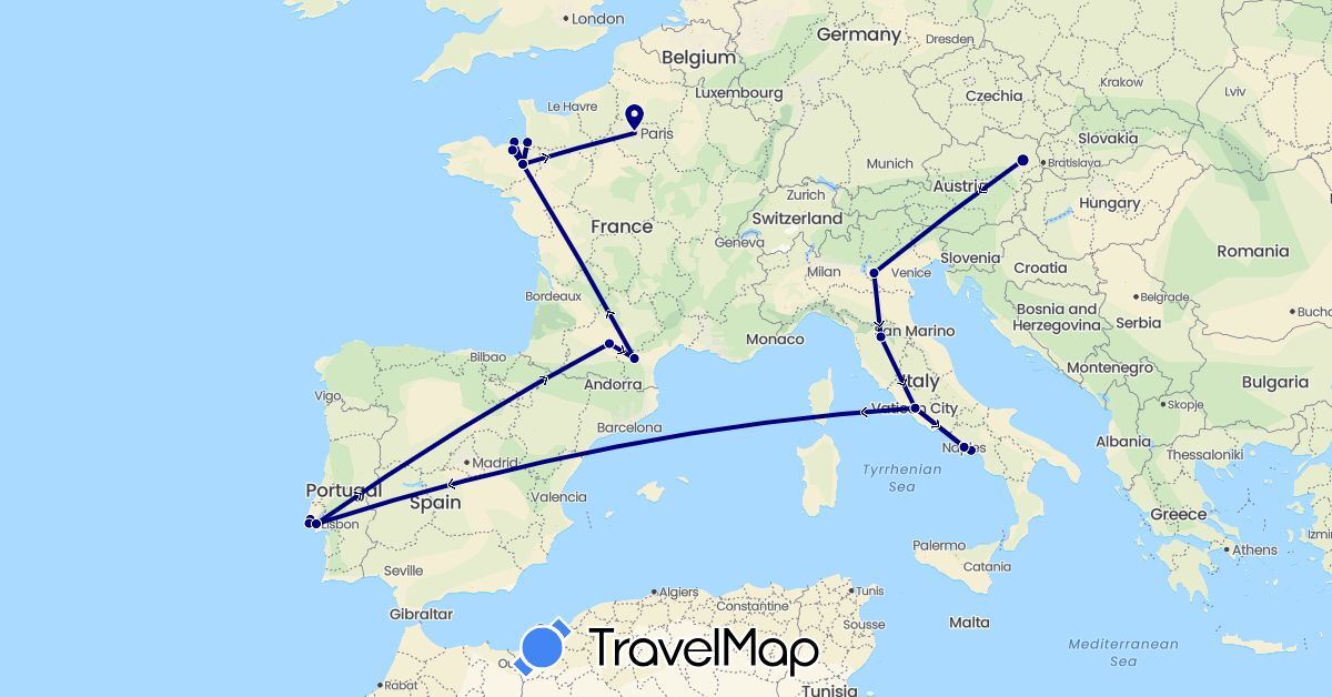 TravelMap itinerary: driving in Austria, France, Italy, Portugal (Europe)